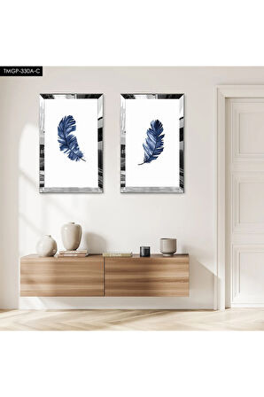 GÜMÜŞ AYNALI PLEKSİ ÇERÇEVELİ BEYAZ ARKA PLANLI MAVİ YAPRAK MODERN İKİLİ MDF TABLO SETİ