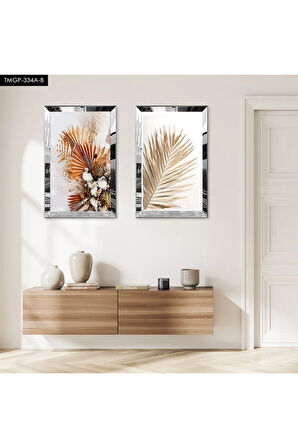 GÜMÜŞ AYNALI PLEKSİ ÇERÇEVELİ MODERN TURUNCU ÇİÇEKLER DEKORATİF İKİLİ MDF TABLO SETİ