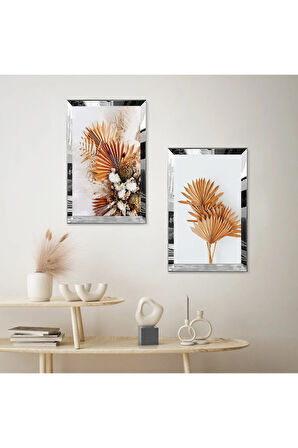 GÜMÜŞ AYNALI PLEKSİ ÇERÇEVELİ TURUNCU ÇİÇEKLER MODERN İKİLİ MDF TABLO SETİ