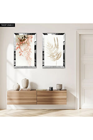 GÜMÜŞ AYNALI PLEKSİ ÇERÇEVELİ BEYAZ ARKA PLANLI DEKORATİF ÇİÇEK İKİLİ MDF TABLO SETİ