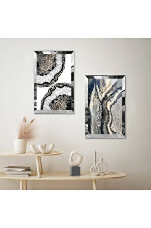 GÜMÜŞ AYNALI PLEKSİ ÇERÇEVELİ BEYAZ ARKA PLANLI GRİ TONLARI DESENLİ DEKORATİF İKİLİ MDF TABLO SETİ