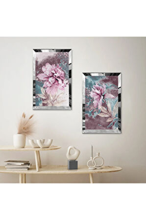 GÜMÜŞ AYNALI PLEKSİ ÇERÇEVELİ MOR ÇİÇEK İKİLİ MDF TABLO SETİ