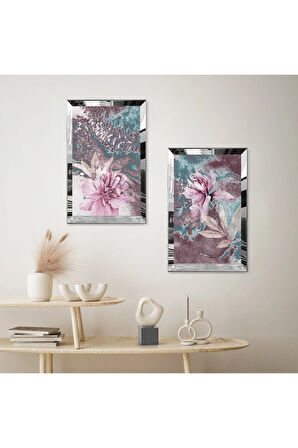 GÜMÜŞ AYNALI PLEKSİ ÇERÇEVELİ MODERN MOR ÇİÇEK İKİLİ MDF TABLO SETİ