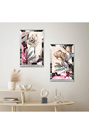 GÜMÜŞ AYNALI PLEKSİ ÇERÇEVELİ SARI VE GRİ TONLARI ÇİÇEK İKİLİ MDF TABLO SETİ