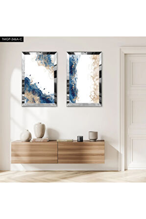 GÜMÜŞ AYNALI PLEKSİ ÇERÇEVELİ BEYAZ ARKA PLANLI SOYUT DEKORATİF MAVİ ŞEKİLLER İKİLİ MDF TABLO SETİ