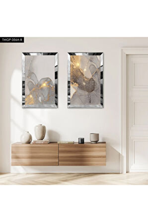 GÜMÜŞ AYNALI PLEKSİ ÇERÇEVELİ GRİ ARKA PLANLI MODERN İKİLİ MDF TABLO SETİ