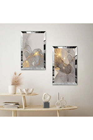 GÜMÜŞ AYNALI PLEKSİ ÇERÇEVELİ GRİ ARKA PLANLI MODERN İKİLİ MDF TABLO SETİ