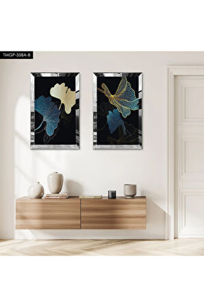 GÜMÜŞ AYNALI PLEKSİ ÇERÇEVELİ SİYAH ARKA PLANLI MODERN ÇİÇEK İKİLİ MDF TABLO SETİ
