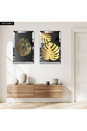 GÜMÜŞ AYNALI PLEKSİ ÇERÇEVELİ SİYAH ARKA PLANLI GOLD ÇİÇEKLER İKİLİ MDF TABLO SETİ