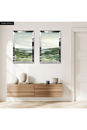 GÜMÜŞ AYNALI PLEKSİ ÇERÇEVELİ YEŞİL MODERN DENİZ MANZARALI İKİLİ MDF TABLO SETİ