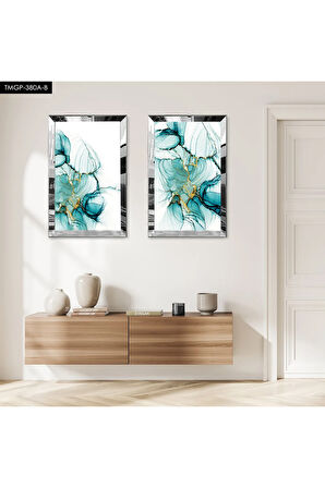 GÜMÜŞ AYNALI PLEKSİ ÇERÇEVELİ MODERN SU YEŞİLİ SOYUT DEKORATİF DESENLİ İKİLİ MDF TABLO SETİ