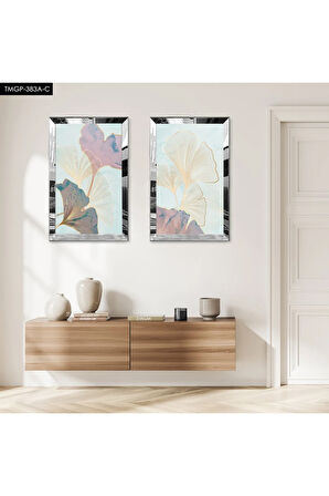GÜMÜŞ AYNALI PLEKSİ ÇERÇEVELİ MODERN SOYUT GÜL İKİLİ MDF TABLO SETİ