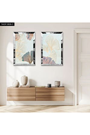 GÜMÜŞ AYNALI PLEKSİ ÇERÇEVELİ SOYUT GÜL İKİLİ MDF TABLO SETİ