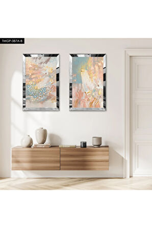 GÜMÜŞ AYNALI PLEKSİ ÇERÇEVELİ RENKLİ ARKA PLANLI DEKORATİF SOYUT DESENLER İKİLİ MDF TABLO SETİ