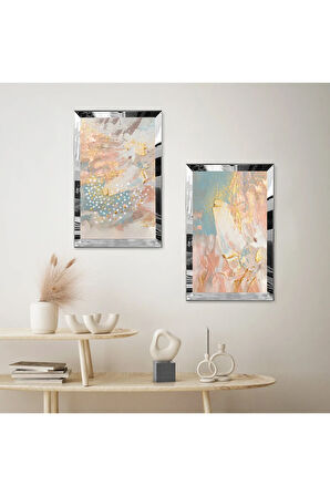 GÜMÜŞ AYNALI PLEKSİ ÇERÇEVELİ RENKLİ ARKA PLANLI DEKORATİF SOYUT DESENLER İKİLİ MDF TABLO SETİ