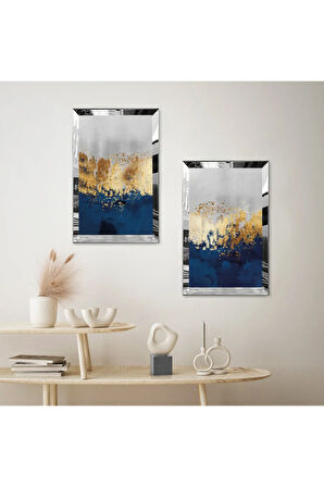 GÜMÜŞ AYNALI PLEKSİ ÇERÇEVELİ MAVİ GOLD VE BEYAZ ARKA PLANLI İKİLİ MDF TABLO SETİ