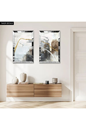 GÜMÜŞ AYNALI PLEKSİ ÇERÇEVELİ BEYAZ ARKA PLANLI SİYAH VE GOLD DESENLİ MODERN İKİLİ MDF TABLO SETİ