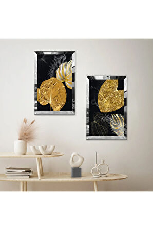 GÜMÜŞ AYNALI PLEKSİ ÇERÇEVELİ SİYAH ARKA PLANLI MODERN GOLD ÇİÇEK İKİLİ MDF TABLO SETİ