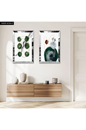 GÜMÜŞ AYNALI PLEKSİ ÇERÇEVELİ BEYAZ ARKA PLANLI KAPALI YEŞİL ŞEKİLLER MODERN İKİLİ MDF TABLO SETİ
