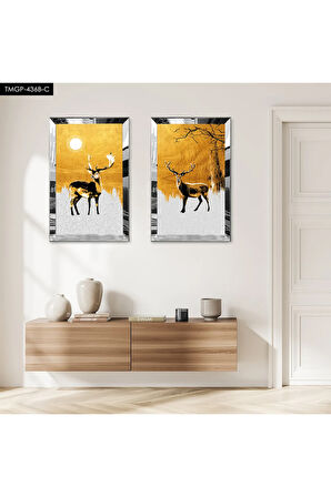 GÜMÜŞ AYNALI PLEKSİ ÇERÇEVELİ BEYAZ VE GOLD ARKA PLANLI MODERN GEĞİK İKİLİ MDF TABLO SETİ