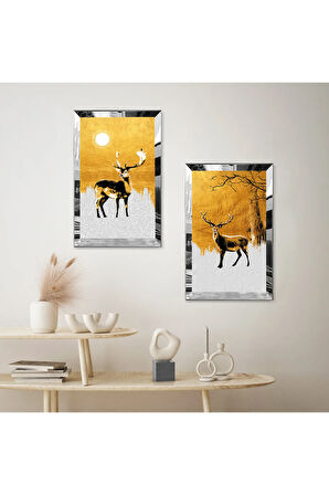 GÜMÜŞ AYNALI PLEKSİ ÇERÇEVELİ BEYAZ VE GOLD ARKA PLANLI MODERN GEĞİK İKİLİ MDF TABLO SETİ