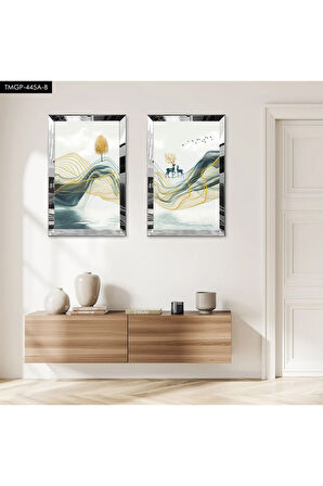 GÜMÜŞ AYNALI PLEKSİ ÇERÇEVELİ DAĞDA GEĞİKLER DEKORATİF İKİLİ MDF TABLO SETİ