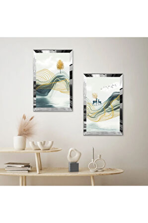 GÜMÜŞ AYNALI PLEKSİ ÇERÇEVELİ DAĞDA GEĞİKLER DEKORATİF İKİLİ MDF TABLO SETİ
