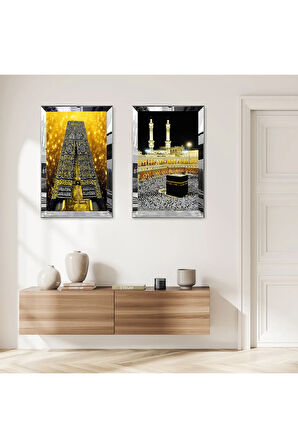 GÜMÜŞ AYNALI PLEKSİ ÇERÇEVELİ ALTIN PIRILTILI ARKA PLANLI KABE KAPISI VE KABE İKİLİ MDF TABLO SETİ