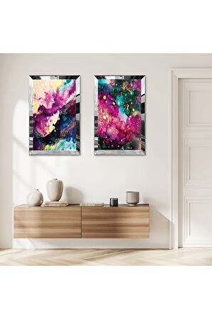 GÜMÜŞ AYNALI PLEKSİ ÇERÇEVELİ RENKLİ ÜZERİ ALTIN PÜSKÜRTMELİ SOYUT DESENLİ İKİLİ MDF TABLO SETİ