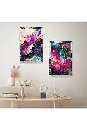 GÜMÜŞ AYNALI PLEKSİ ÇERÇEVELİ RENKLİ ÜZERİ ALTIN PÜSKÜRTMELİ SOYUT DESENLİ İKİLİ MDF TABLO SETİ