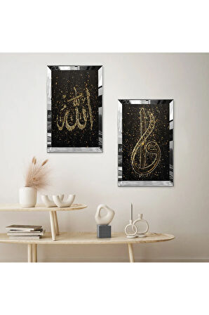 GÜMÜŞ AYNALI PLEKSİ ÇERÇEVELİ PIRILTILI ALLAH LAFZI VE ELİF VAV HARFİ İKİLİ MDF TABLO SETİ