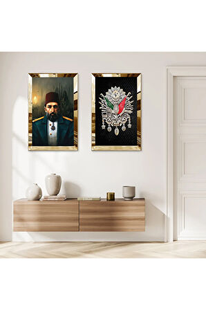 GOLD AYNALI PLEKSİ ÇERÇEVELİ PADİŞAH ABDÜLHAMİD VE OSMANLI TUĞRASI İKİLİ MDF TABLO SETİ