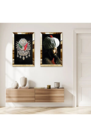 GOLD AYNALI PLEKSİ ÇERÇEVELİ FATİH SULTAN MEHMET VE OSMANLI TUĞRASI İKİLİ MDF TABLO SETİ