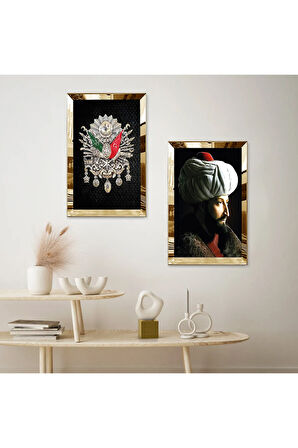 GOLD AYNALI PLEKSİ ÇERÇEVELİ FATİH SULTAN MEHMET VE OSMANLI TUĞRASI İKİLİ MDF TABLO SETİ