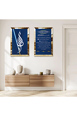 GOLD AYNALI PLEKSİ ÇERÇEVELİ LACİVERT ARKA PLANLI NAZAR AYETİ İKİLİ MDF TABLO SETİ