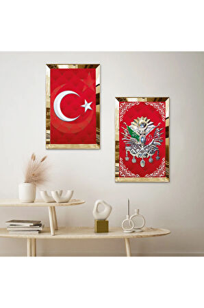 GOLD AYNALI PLEKSİ ÇERÇEVELİ KIRMIZI TÜRK BAYRAĞI VE OSMANLI TUĞRASI İKİLİ MDF TABLO SETİ