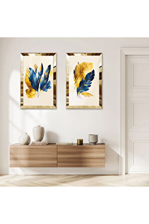 GOLD AYNALI PLEKSİ ÇERÇEVELİ BEYAZ ARKA PLANLI MAVİ SARI DİKEY YAPRAKLAR İKİLİ MDF TABLO SETİ