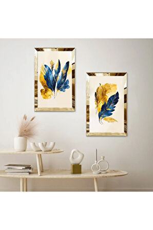 GOLD AYNALI PLEKSİ ÇERÇEVELİ BEYAZ ARKA PLANLI MAVİ SARI DİKEY YAPRAKLAR İKİLİ MDF TABLO SETİ