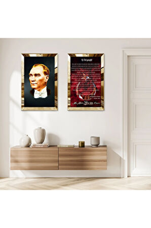 GOLD AYNALI PLEKSİ ÇERÇEVELİ GENÇLİĞE HİTABE VE İSTİKLAL MARŞI İKİLİ MDF TABLO SETİ