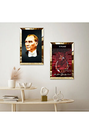 GOLD AYNALI PLEKSİ ÇERÇEVELİ GENÇLİĞE HİTABE VE İSTİKLAL MARŞI İKİLİ MDF TABLO SETİ
