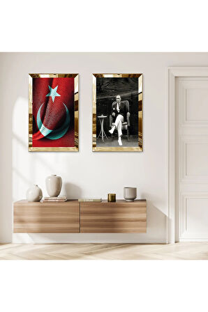 GOLD AYNALI PLEKSİ ÇERÇEVELİ TÜRK BAYRAĞI VE ATATÜRK İKİLİ MDF TABLO SETİ