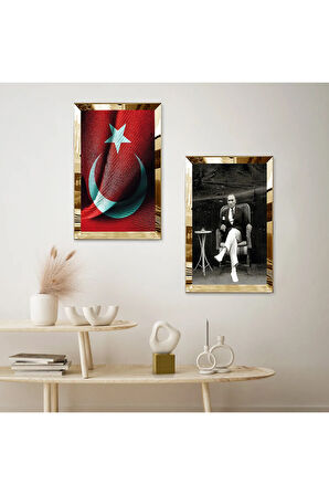 GOLD AYNALI PLEKSİ ÇERÇEVELİ TÜRK BAYRAĞI VE ATATÜRK İKİLİ MDF TABLO SETİ