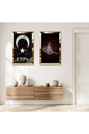 GOLD AYNALI PLEKSİ ÇERÇEVELİ AY YILDI VE OSMANLI TUĞRASI İKİLİ MDF TABLO SETİ