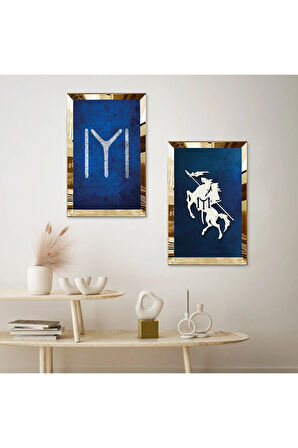 GOLD AYNALI PLEKSİ ÇERÇEVELİ MAVİ KAYIBOYU VE AT İKİLİ MDF TABLO SETİ