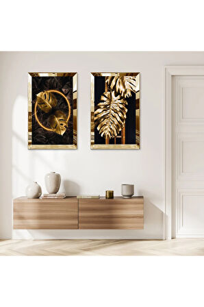 GOLD AYNALI PLEKSİ ÇERÇEVELİ SİYAH ARKA PLANLI GOLD YAPRAKLAR İKİLİ MDF TABLO SETİ