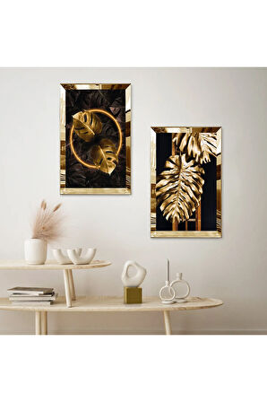 GOLD AYNALI PLEKSİ ÇERÇEVELİ SİYAH ARKA PLANLI GOLD YAPRAKLAR İKİLİ MDF TABLO SETİ