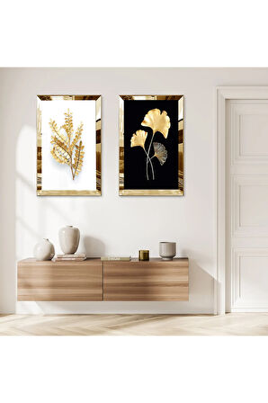 GOLD AYNALI PLEKSİ ÇERÇEVELİ SİYAH BEYAZ ARKA PLANLI GOLD ÇİÇEK İKİLİ MDF TABLO SETİ