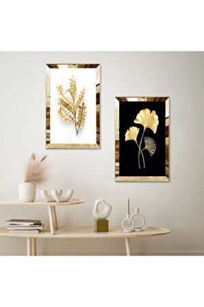 GOLD AYNALI PLEKSİ ÇERÇEVELİ SİYAH BEYAZ ARKA PLANLI GOLD ÇİÇEK İKİLİ MDF TABLO SETİ