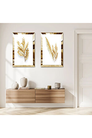 GOLD AYNALI PLEKSİ ÇERÇEVELİ BEYAZ ARKA PLANLI GOLD ÇİÇEK İKİLİ MDF TABLO SETİ