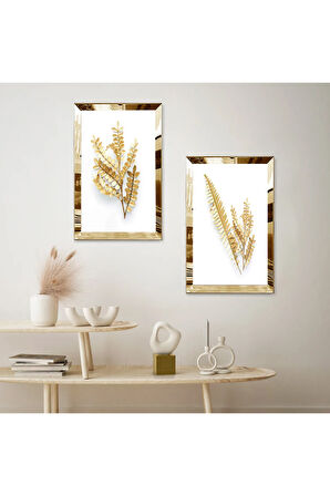 GOLD AYNALI PLEKSİ ÇERÇEVELİ BEYAZ ARKA PLANLI GOLD ÇİÇEK İKİLİ MDF TABLO SETİ
